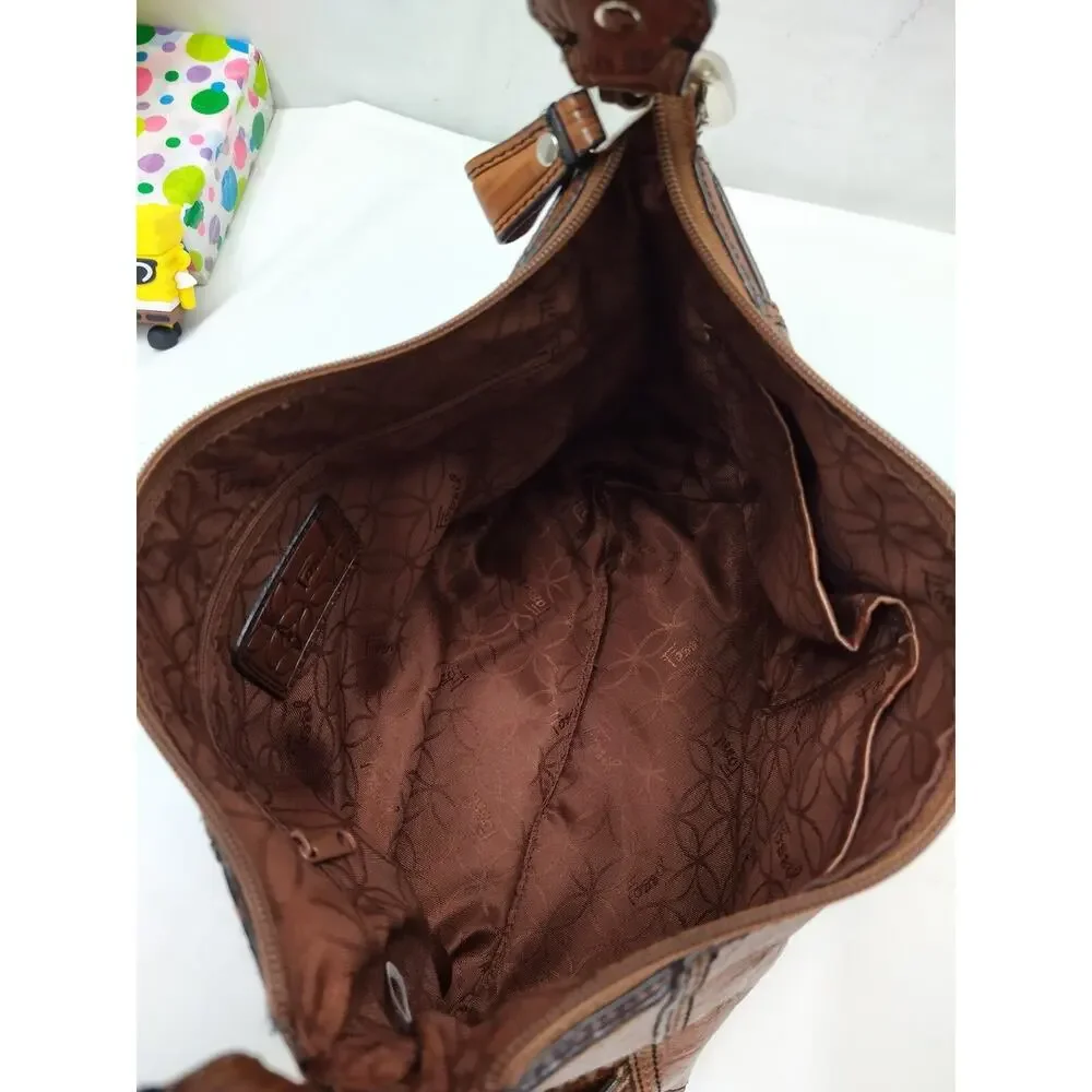 Fossil Brown Leather Crocodile Embossed Zipper Closure Hobo Shoulder Bag